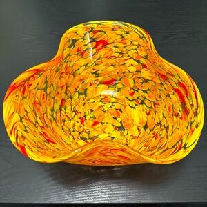Murano Yellow Red Confetti Swirl Spotted Handblown Art Glass Decorative Bowl